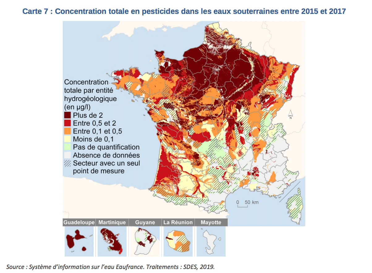 Karte der Pestizidbelastungen in Frankreich im Jahr 2017